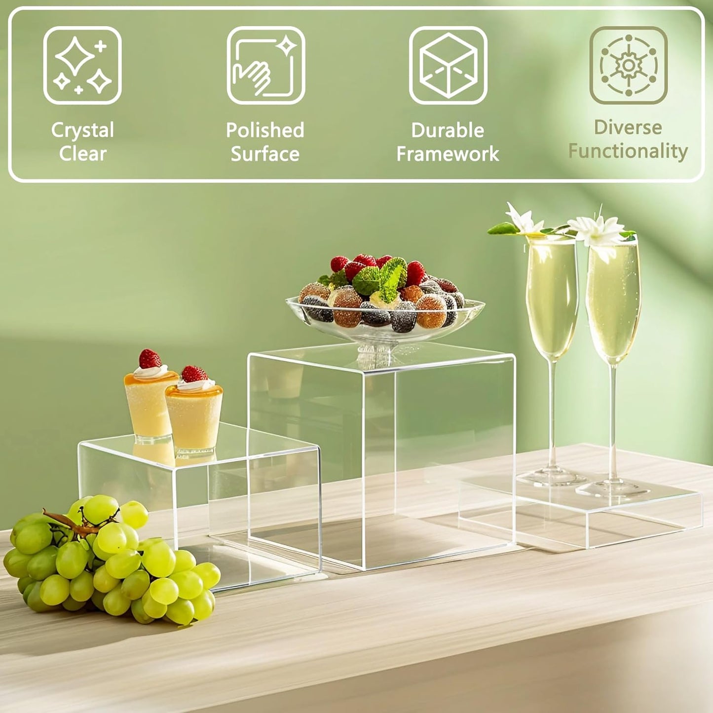 6Pcs Buffet Risers, Food Risers for Buffet Table, Acrylic Cube Display Risers with Hollow Bottom, Food Display Stand for Party Jewelry Dessert Figures (Size 5.5",6",6.5",7",7.5",8")
