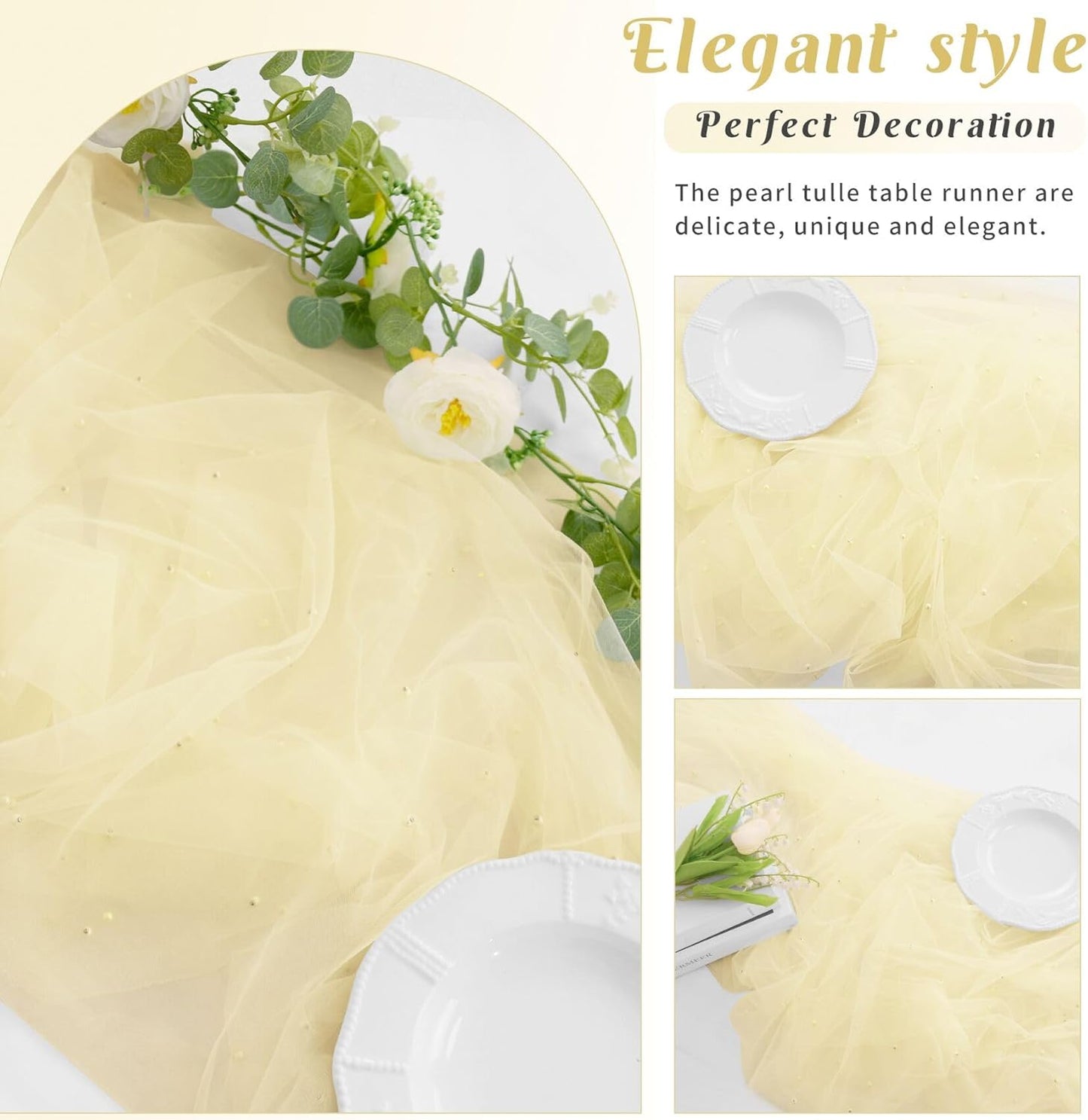 Set of 6 Pearl Table Runner 29 x 120 Inch Tulle Fabric Lace Table Runners Boho Rustic Tablecloth for Bridal Shower Birthday Party Wedding Arch Aisle Veil Dessert Table Decor(Ivory)