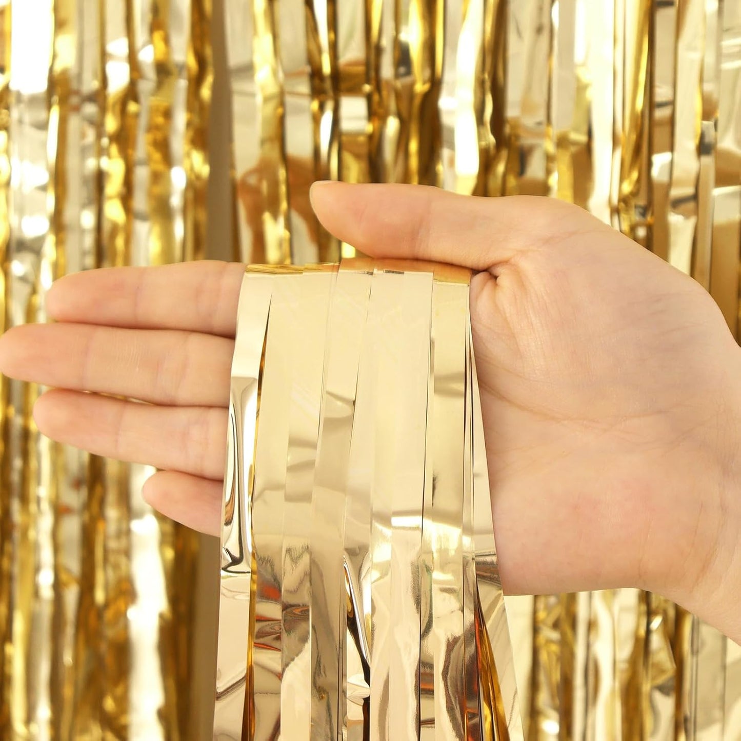 2 Pack Champagne Fringe Curtains Foil Shiny Fringe Backdrop Tinsel Door Streamers Foil Curtains for Birthday Wedding Engagement Bridal Shower Celebration Party Decorations Large