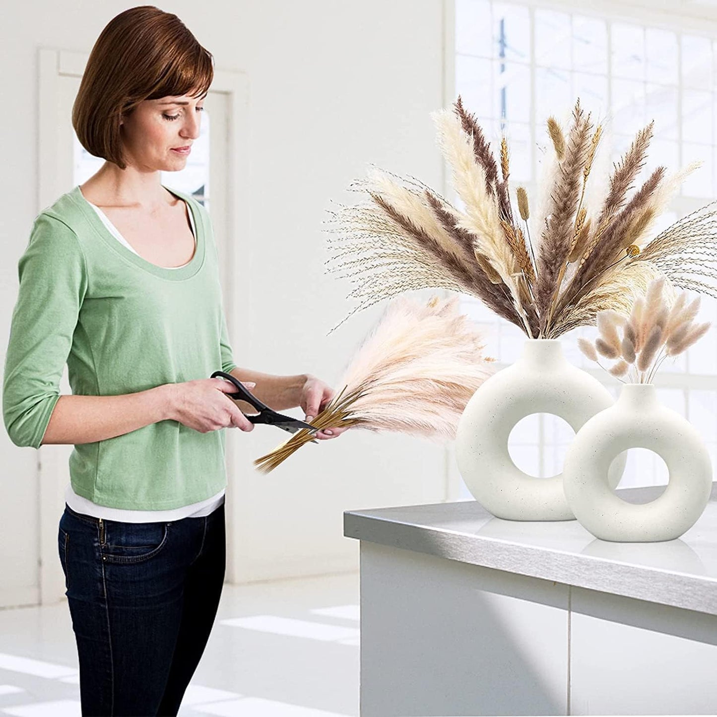 White Ceramic Vases- 2 for Modern Home Decor, Round Matte Boho Vase for Decor, Ceramic Minimalist Nordic Style for Wedding Dinner Table Living Room Office