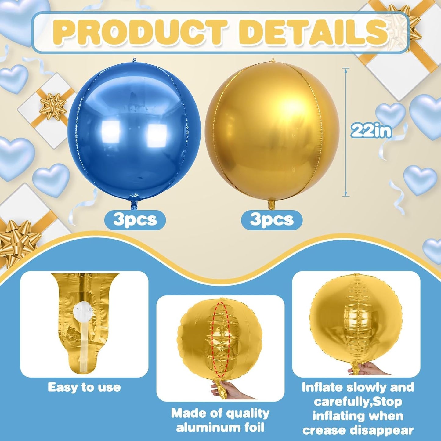 6Pcs Blue Gold Round Foil Balloons,Giant 4D Round Ball Balloon,22 Inch Metallic Blue Gold Balloons for Birthday Wedding Graduation Prom Party Decorations