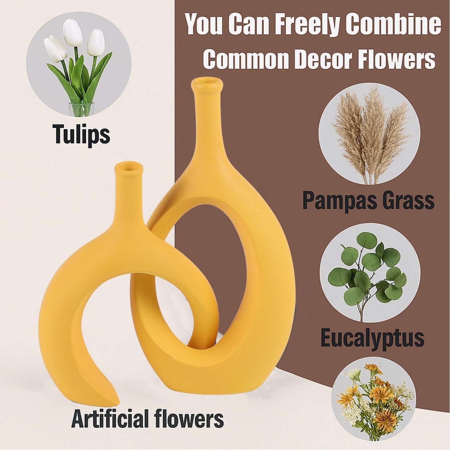 WUBIANJIE Yellow Ceramic Vase - Modern Boho Decor, Mustard Yellow, Round, Anti-Slip Base, Perfect for Living Room, Bedroom, Bathroom