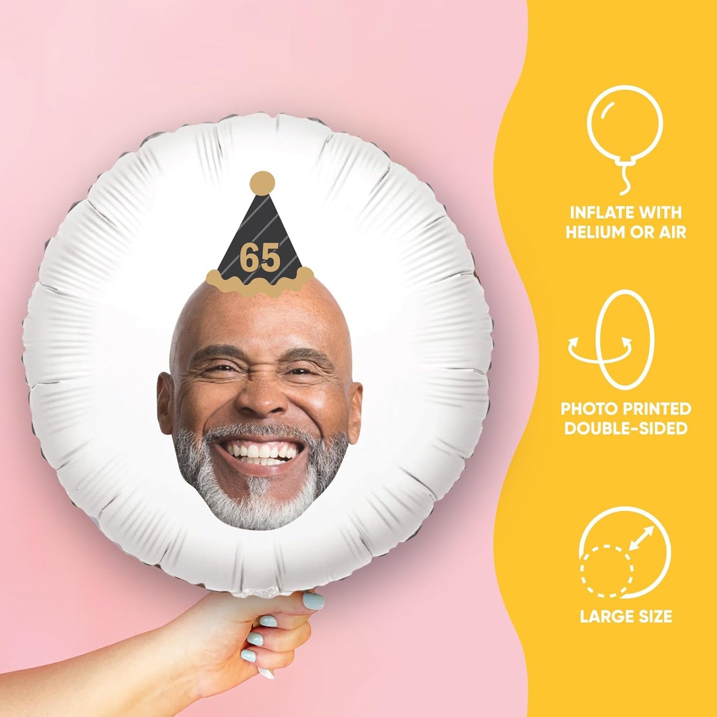Big Dot of Happiness Personalized Adult Happy Birthday Black & Gold Cone Hat Fun Face Photo Balloon, Kids Birthday Party Decorations, Custom Double-Sided Circle Mylar, 1 Piece