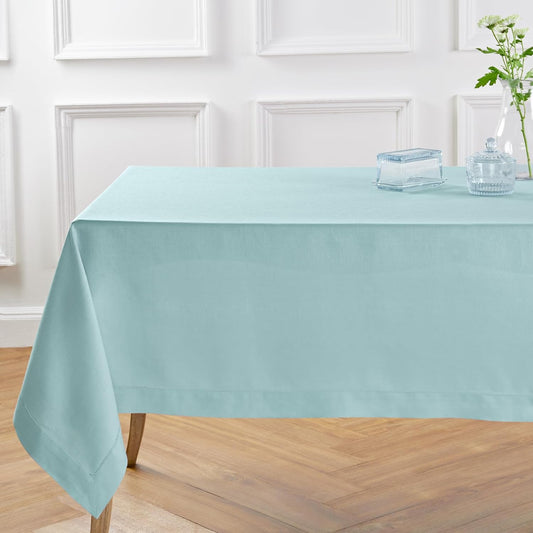 Solino Home Linen Tablecloth for Rectangle Tables 60 x 120 Inch - Classic Hemstitch 100% Pure Linen Aqua Blue Table Cloth - Machine Washable Cloth Tablecloth for Christmas, Holiday
