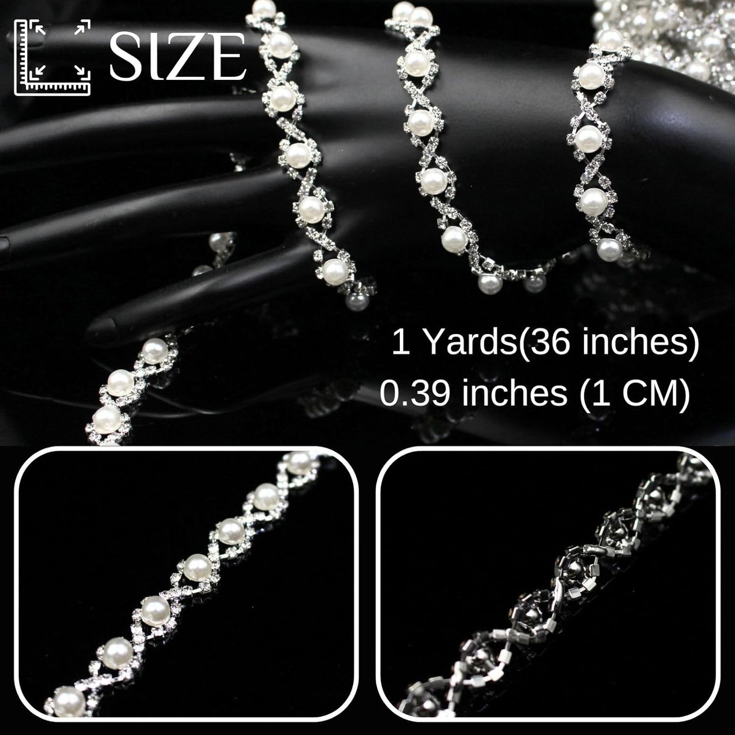 1 Yard Pearl Trim Chain Rhinestone Silver String Crystal Applique Fringe Ribbon Strips Beads Sewing Dress DIY Party Wedding Bouquet for Decoration Bridal Costume Embellishment