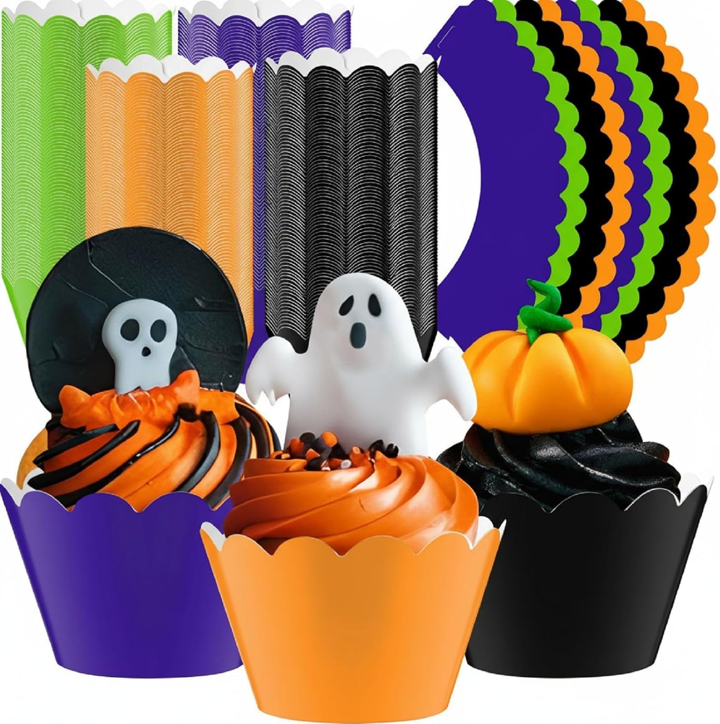 Domensi 100 Pcs Halloween Cupcake Wrappers Rustic Cupcake Liners Orange Black Purple Green Baking Cups Baking Liners for Wedding Bridal Baby Shower Birthday Halloween Party Supplies Dessert Decoration