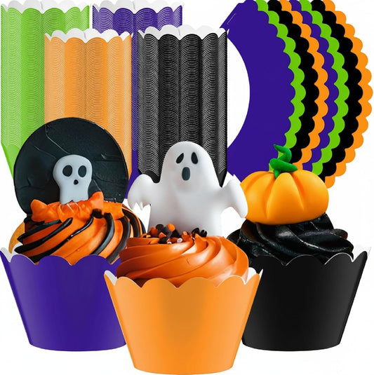 Domensi 100 Pcs Halloween Cupcake Wrappers Rustic Cupcake Liners Orange Black Purple Green Baking Cups Baking Liners for Wedding Bridal Baby Shower Birthday Halloween Party Supplies Dessert Decoration