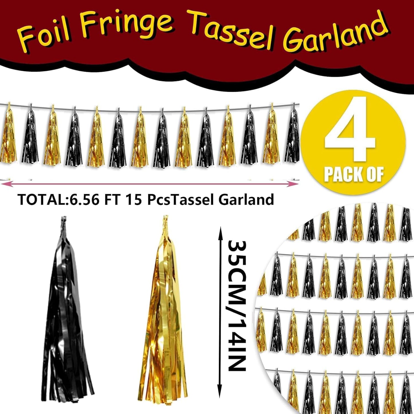 4P Black Gold Foil Fringe Tassel Banner Garland Metallic Tinsel Streamers Wall Hanging Curtain Backdrop Banner for Parade Floats, 2025 Graduation Decorations, Father's Day, New Years Party Decoration