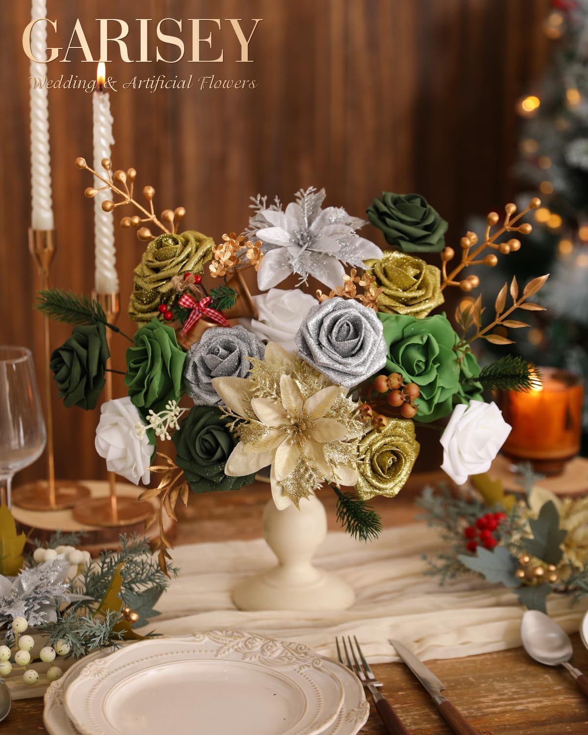 Christmas Artificial Flowers Poinsettia Flower Mix Silk Flowers Fake Roses with Stems for DIY Table Centerpieces Christmas Tree Xmas Wreath Holiday Home Party Decor