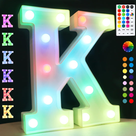 Light Up Colorful LED Marquee Letter lights, 18 Colors Changing Alphabet Letters Sign with Remote Timer for Night Light Girls Bedroom Wedding Birthday Party Lamp Christmas Home Bar Decor- Colorful K