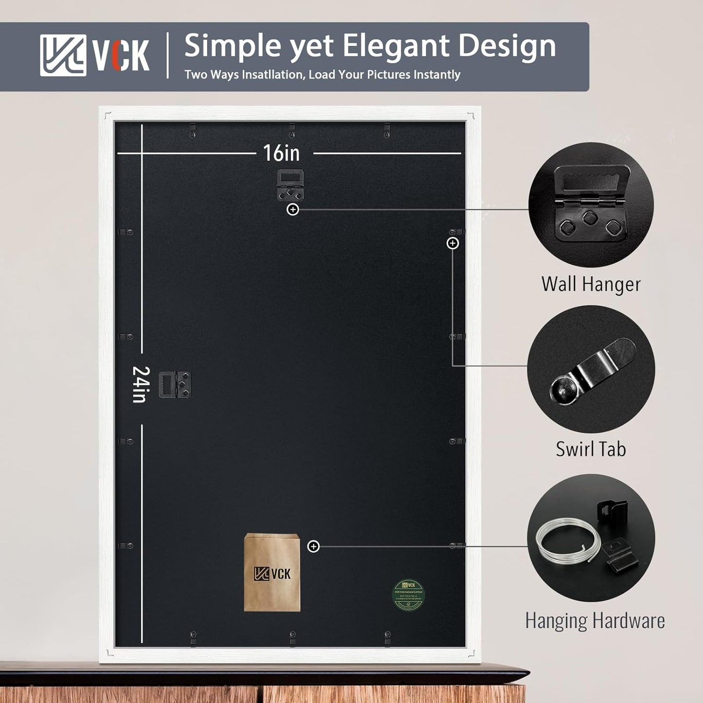 VCK 16x24 Poster Frame 5 Pack, Matted to 12x18 or 16x24 without Mat, Textured Exclusive Solid Wood Picture Frame, White