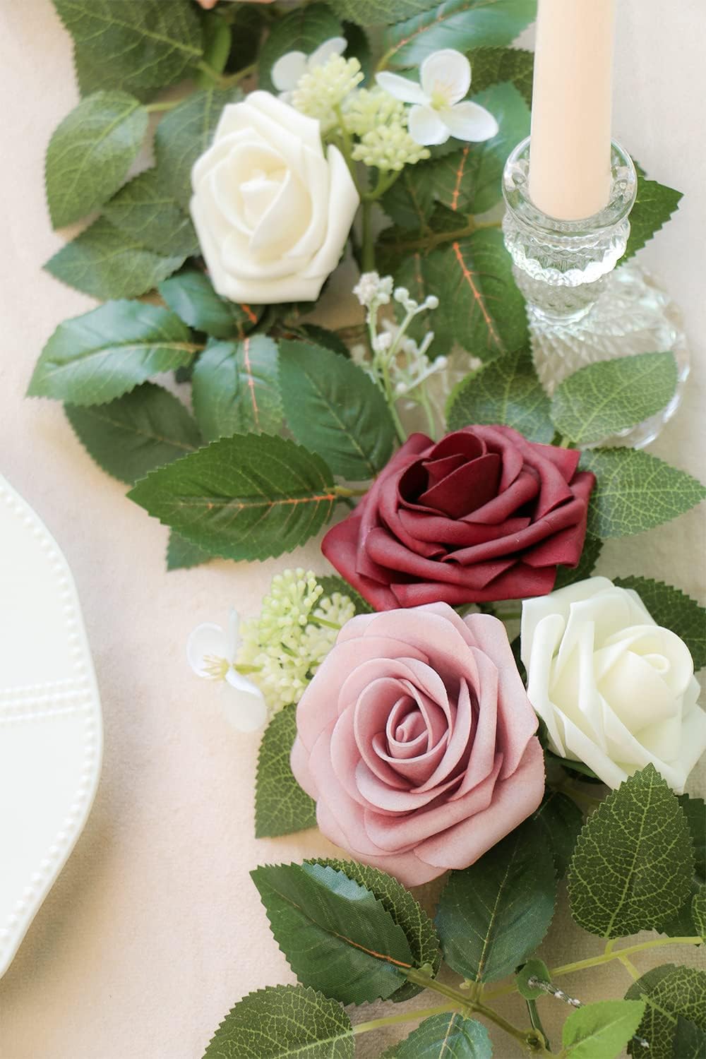 PONATIA 5FT Burgundy Artificial Flowers Garland, Dusty Rose Flowers Garland for Wedding Ceremony Garlands Backdrop Arch Flowers, Table Christmas Decorations (Burgundy & Ivory)