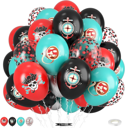Pirate Balloons, 12 Inch Teal Black Red Confetti Balloons with Pirate Design for Boy Pirate Ship Theme Birthday Party Sea Sailing Graduation Halloween Baby Shower Decorations