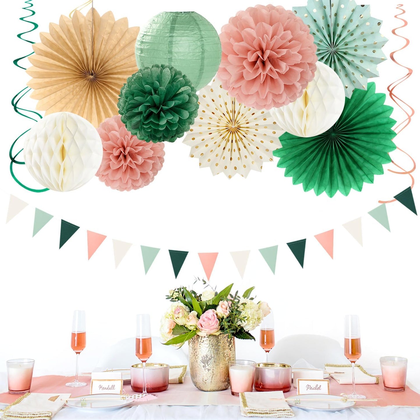 Sage-Green Pink Party-Decorations Paper-Flowers Lanterns - 20PCS Boho Rustic Tissue Pom Poms Streamers Fans Honeycomb, Birthday Baby Shower Neutral Garden Wedding Hanging Supplies Decor Burgleda