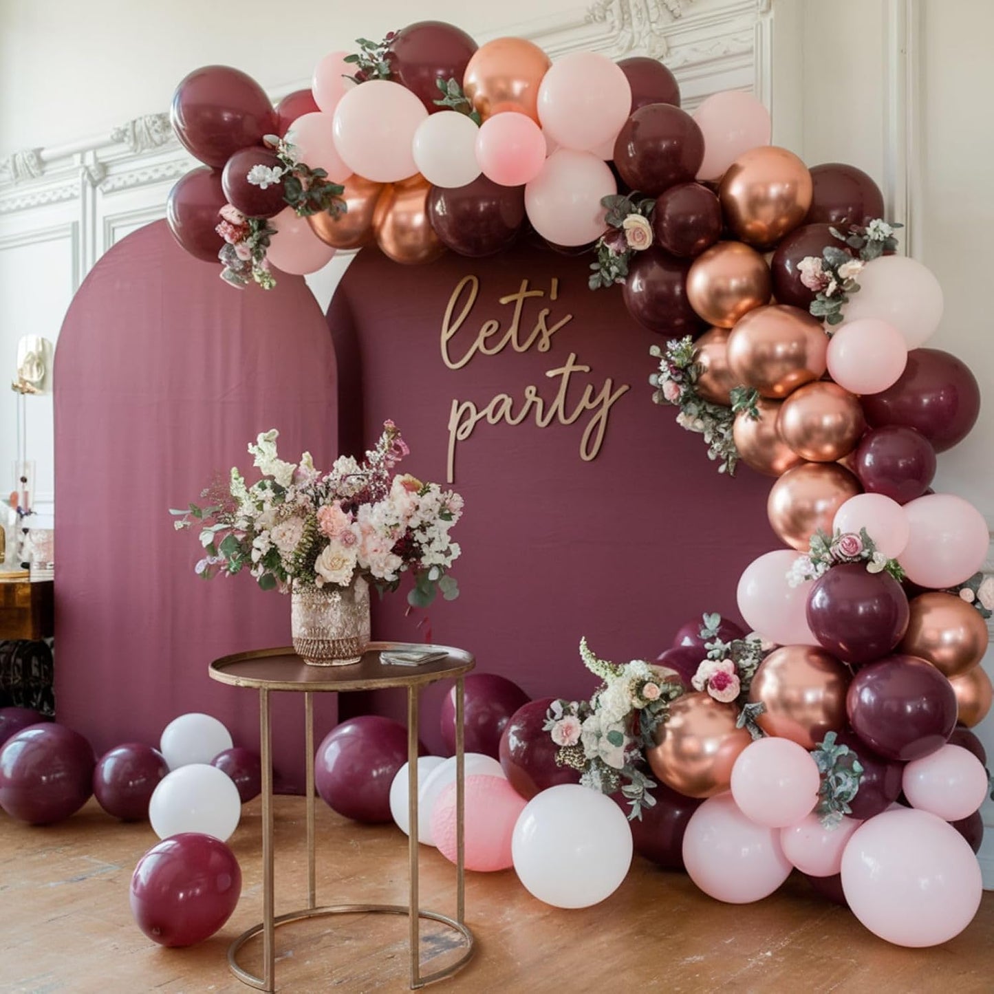 Burgundy Balloons, 12 Inch Maroon Balloons, Wine Red White Pearl Metallic Rose Gold Confetti Balloons Latex Balloons for Wedding Anniversary Engagement Romantic Dinner Fall Party Decorations