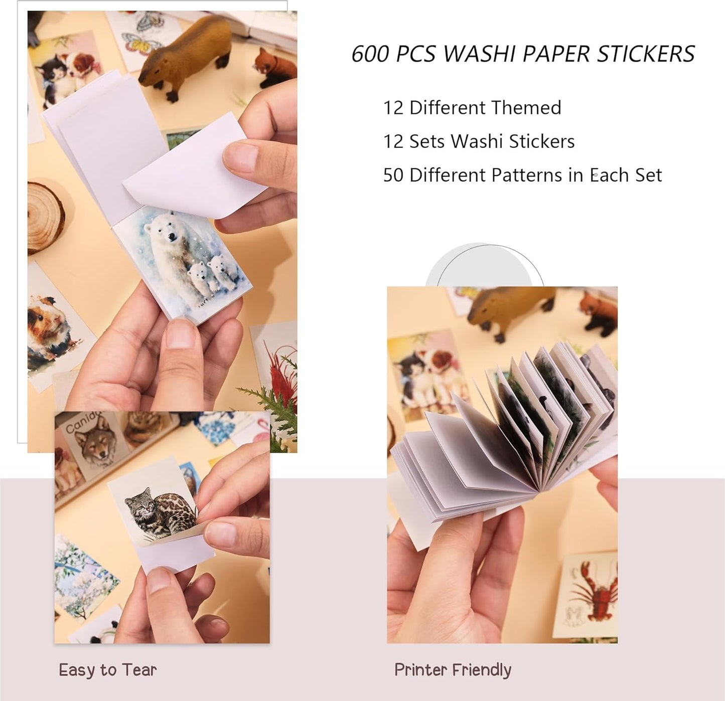12 Sets 600 Sheets Washi Stickers Book for Journaling, Jungle Animal Sticker, Wild Zoo Sea Animal Aesthetic Scrapbook Dinosaur Sticker Set for Bullet Journal Card Craft Gift Rewards for Kid Notebook