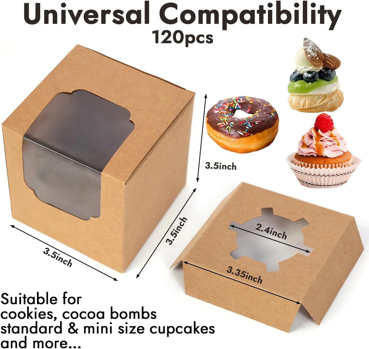 JCD 120pcs Cupcake Boxes, 3.5inches Individual Pre-Assembled Kraft Brown Cupcake Boxes with Window Single Cupcake Containers for Mother's Day, Birthdays, Baby Shower (Brown/120Pcs)