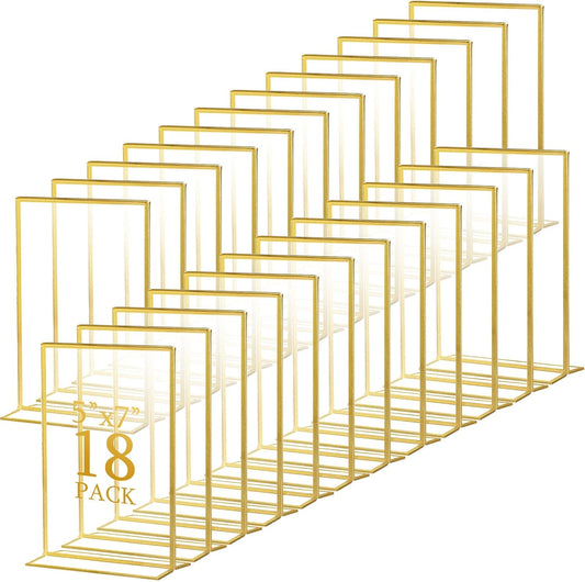 Hoteam 18 Pack Acrylic Sign Holder 5 x 7 Inch Gold Frames Wedding Table Number Holders, Double Sided Picture Frame Clear Display Menu Stand for Home Photo Flyers Wedding Party (Vertical)
