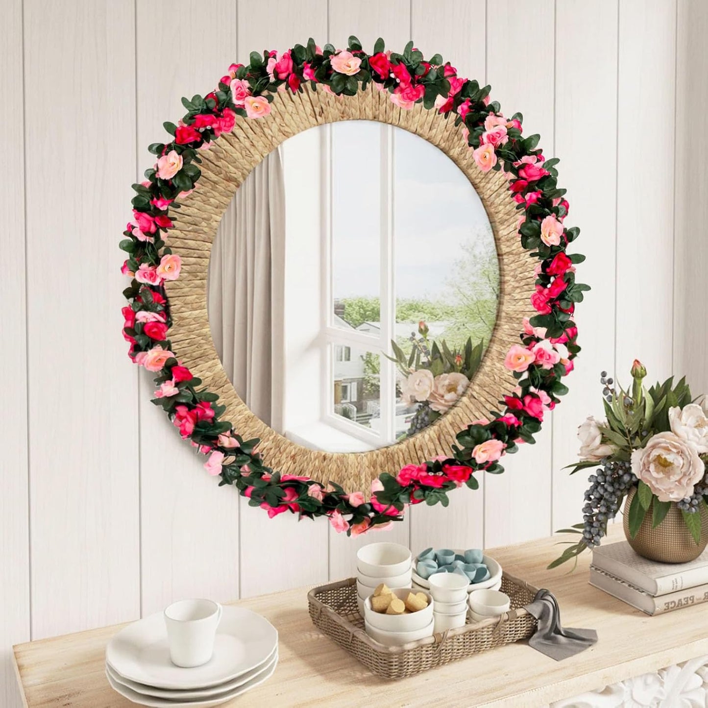 16Pcs 126Ft Pink Rose Garland, Fake Rose Hanging Flowers, Artificial Flower Vine, Hanging Floral Vine Garland for Wedding, Birthday Party, Wall Arch, Halloween, Christmas Garden Backdrop Decor