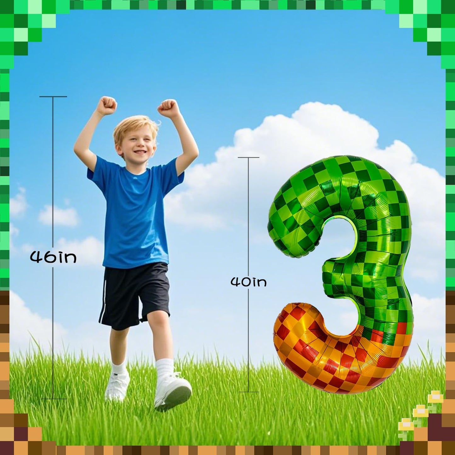 Pixel & TNT Theme 40in Giant Number Balloons - Foil Mylar Birthday Party Decorations for Kids Adults Cumpleaños, Block Style Pixel Art Shape Balloon Decor Supplies (Pixel, Number 3)