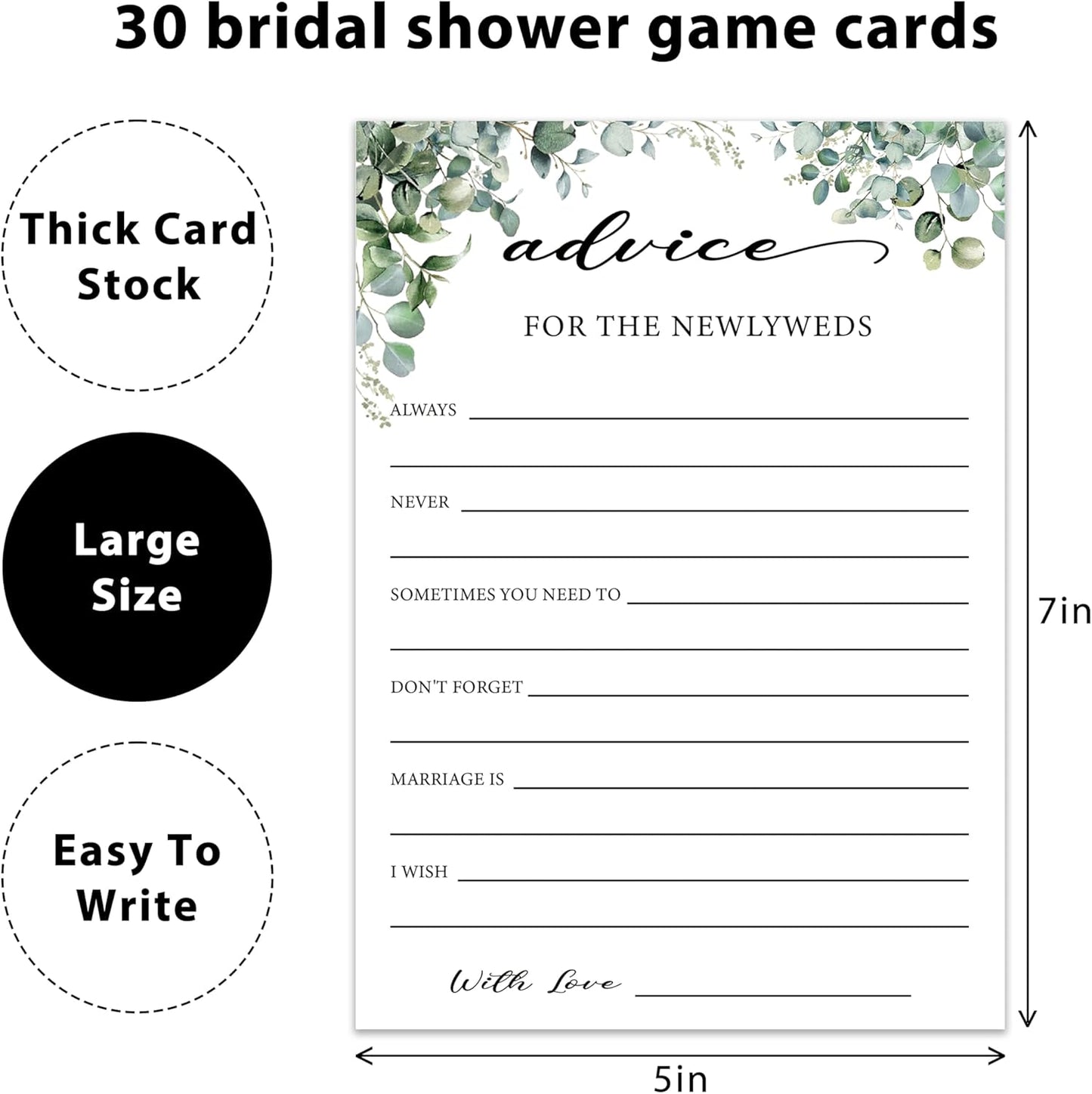 Eucalyptus Bridal Shower Game Cards - Advice for The Newlyweds, Wedding Advice and Wishes for The Mr and Mrs Bridal Shower Games for 30 Guests, Engagement Activity Supplies & Favor/A16