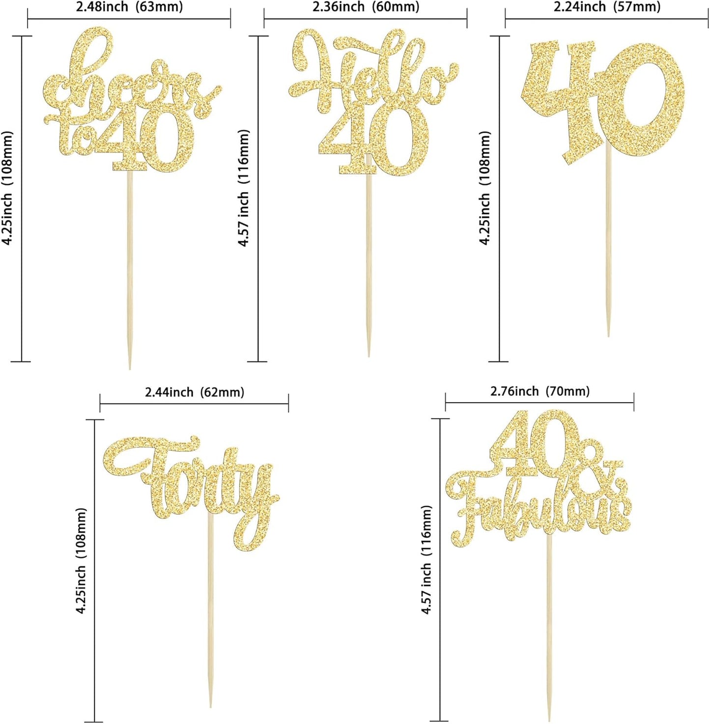 30pcs Happy 40th Birthday Cupcake Toppers - Gold Glitter Forty Cheers to 40 Years Old Cupcake Picks for Anniversary Party Cake Decorations