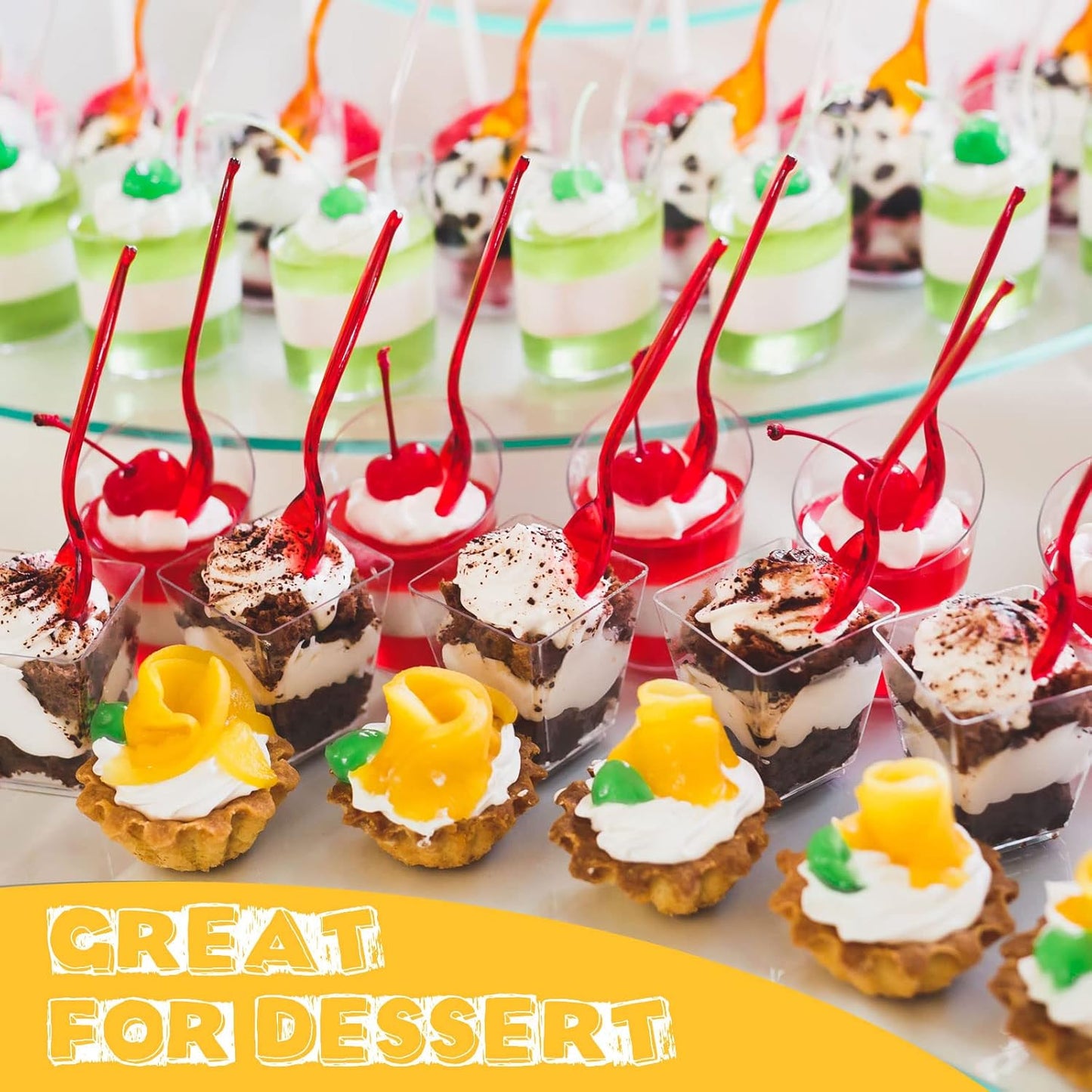 Nuogo 200 Pcs Mini Dessert Cups with Spoons Include 3 oz Square Plastic Appetizer Cups 2.5 oz Slanted Round Parfait Shooter Cup Small Clear Mousse Pudding Cup for Wedding Baby Shower Birthday Party