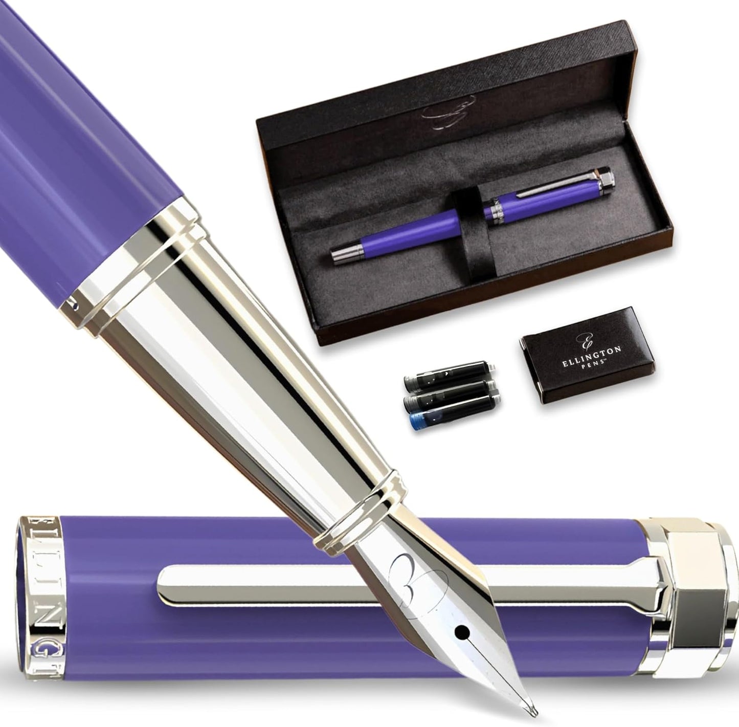 Ellington Pens Luxury Fountain Pen Set- Fountain Pens for Writing - Smooth Medium Nib - Includes Refillable Ink Converter, 3 Ink Cartridges [Black & Blue], Gift Box - Elegant Calligraphy