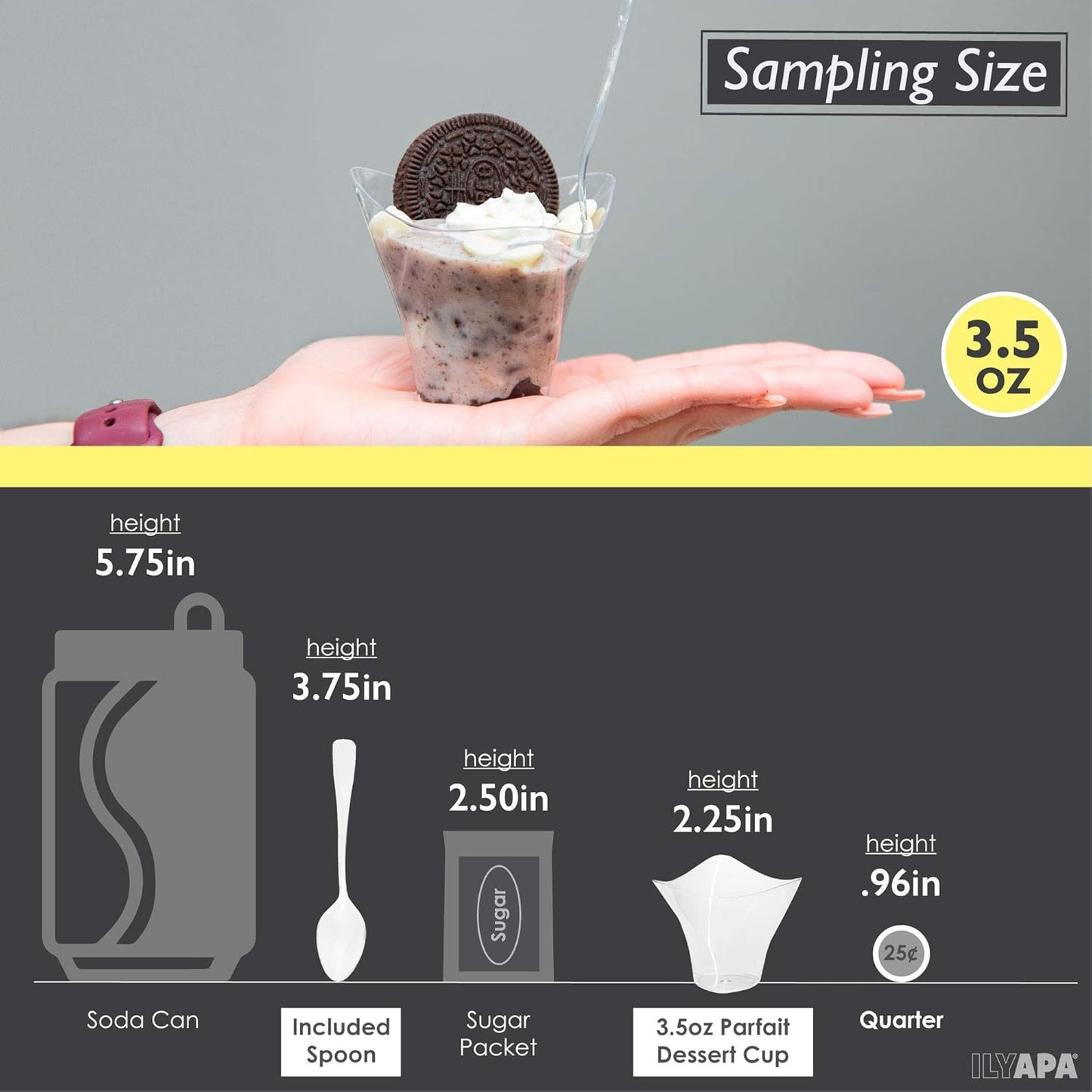 Ilyapa 3.5oz Plastic Dessert Cups - 100 Pack Mini Dessert Cups with Spoons - Clear Reusable Small Appetizer Cup for Cheesecake Shooters, Chocolate Mousse - Party and Catering Supplies - Parfait