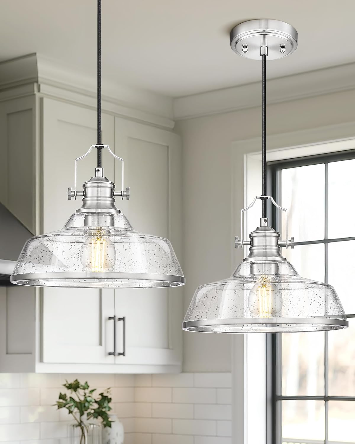 kudos 2 Pack Pendant Lights Kitchen Island, 11" Large Brushed Nickel Kitchen Island Lighting with Seeded Glass, Industrial Hanging Light Fixture for Kitchen Sink Dining Room, KDPL13-BN-S-2PK