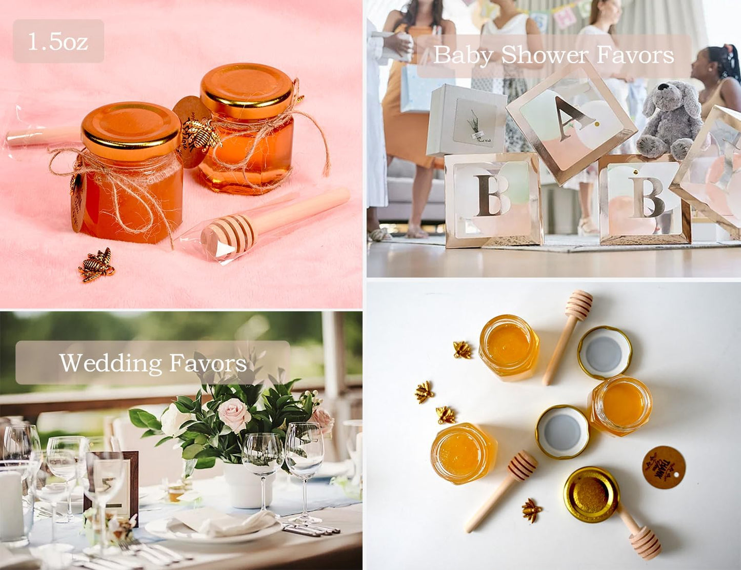 Mini Honey Jars - Hexagon Little Glass Honey Jar with Gold Lids, Wooden Dippers, Bee Charms and Jutes - Small Honey Jars for Baby Showers, 20Pack