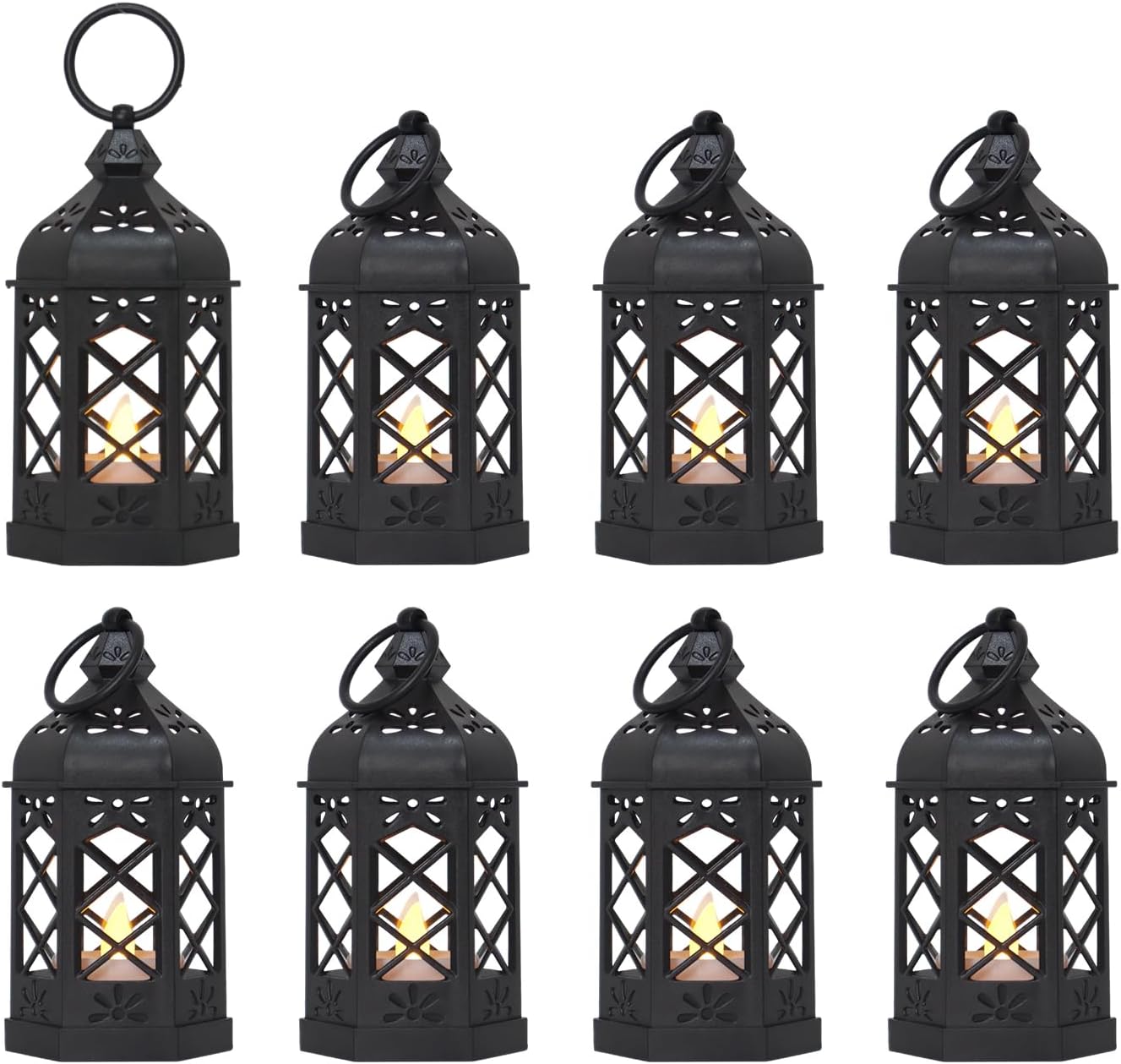 LLQ (8Pack-5Inch) Mini Lantern with Flickering LED Candle for Table Centerpiece, Black Halloween Decorations, Small Hanging Decorative Lantern for Wedding Christmas, Fall Garden Party Decor for Home