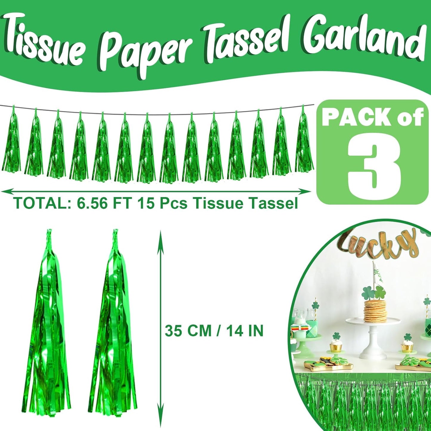 3P Green Foil Fringe Metallic Tassel Streamers Banner Tassel Garland for Parade Floats, Bachelorette, Wedding, Birthday, Halloween, Christmas, Bridal/Baby Shower Party Decorations