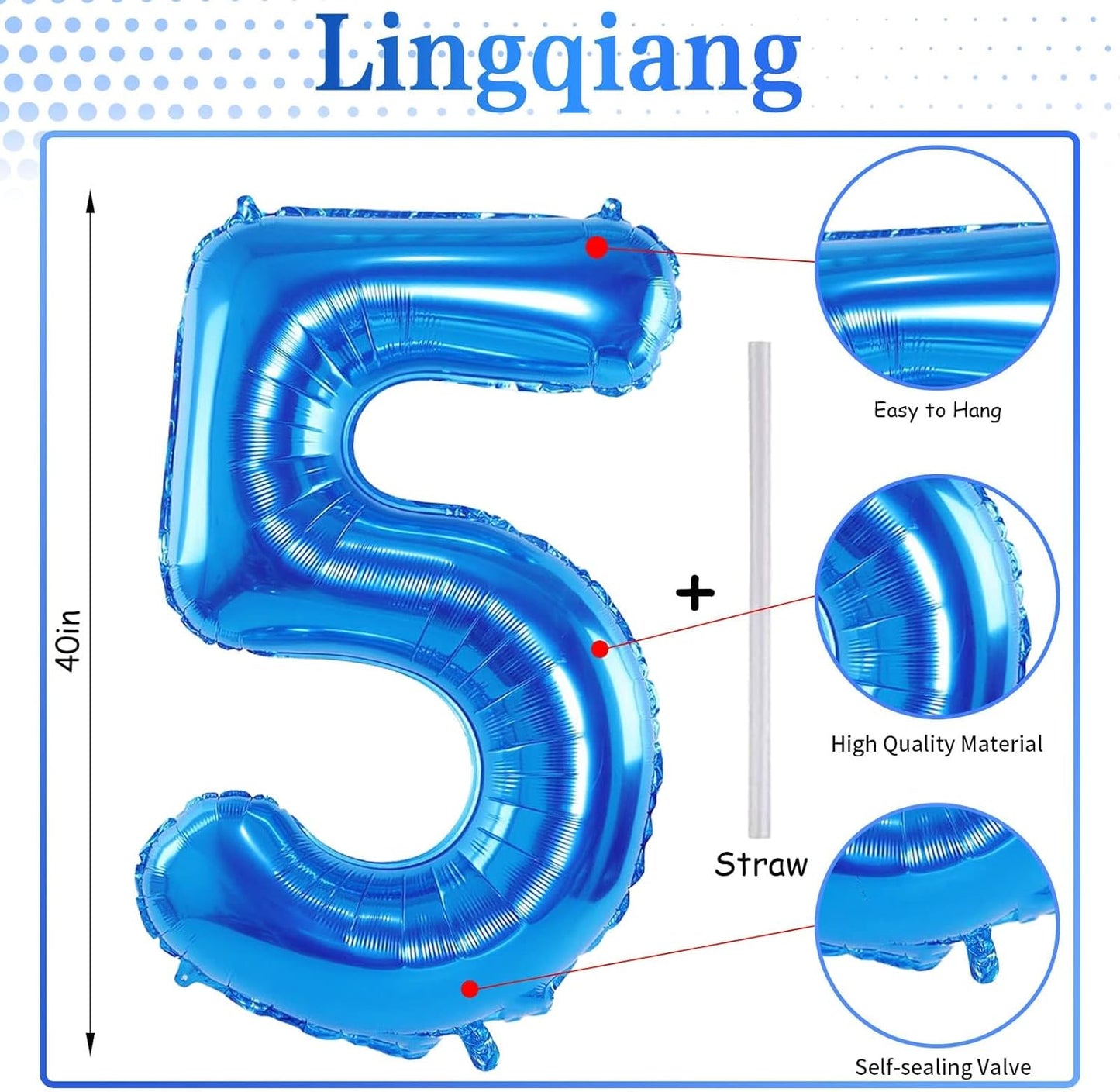 Blue Number Balloons, 40inch Large Number 5 Foil Mylar Helium Balloons, Self Inflating Number Balloons 0-9 for Men Boys 5th 50th 25th Birthday Anniversary Party Celebration Decoration Supplies