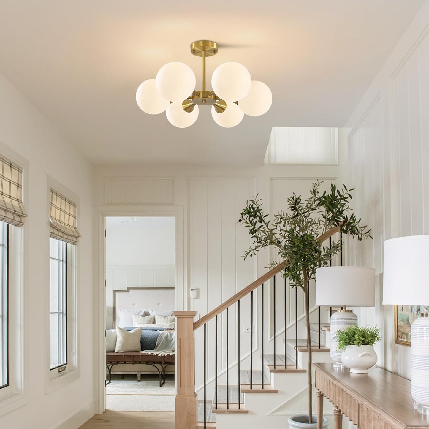 KCO Lighting Brushed Gold Sputnik Flush Mount Ceiling Light Mid Century Modern Overhead Ceiling Light 6-Lights Milk Glass Globe Semi Flush Mount Ceiling Light Fixture