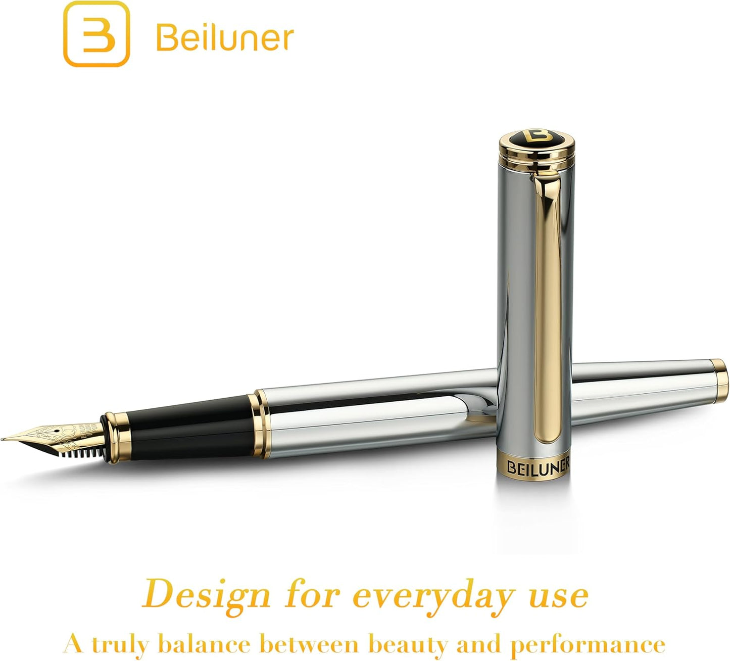 BEILUNER Silver Chrome Fountain Pen,Stunning Luxury with 24K Gold Accents, Gorgeous 24K Gilded Nib(Fine), Trustworthy Pen Gift for Men&Women -Ink Converter-Elegant, Graduation,Nice Pen for Writing