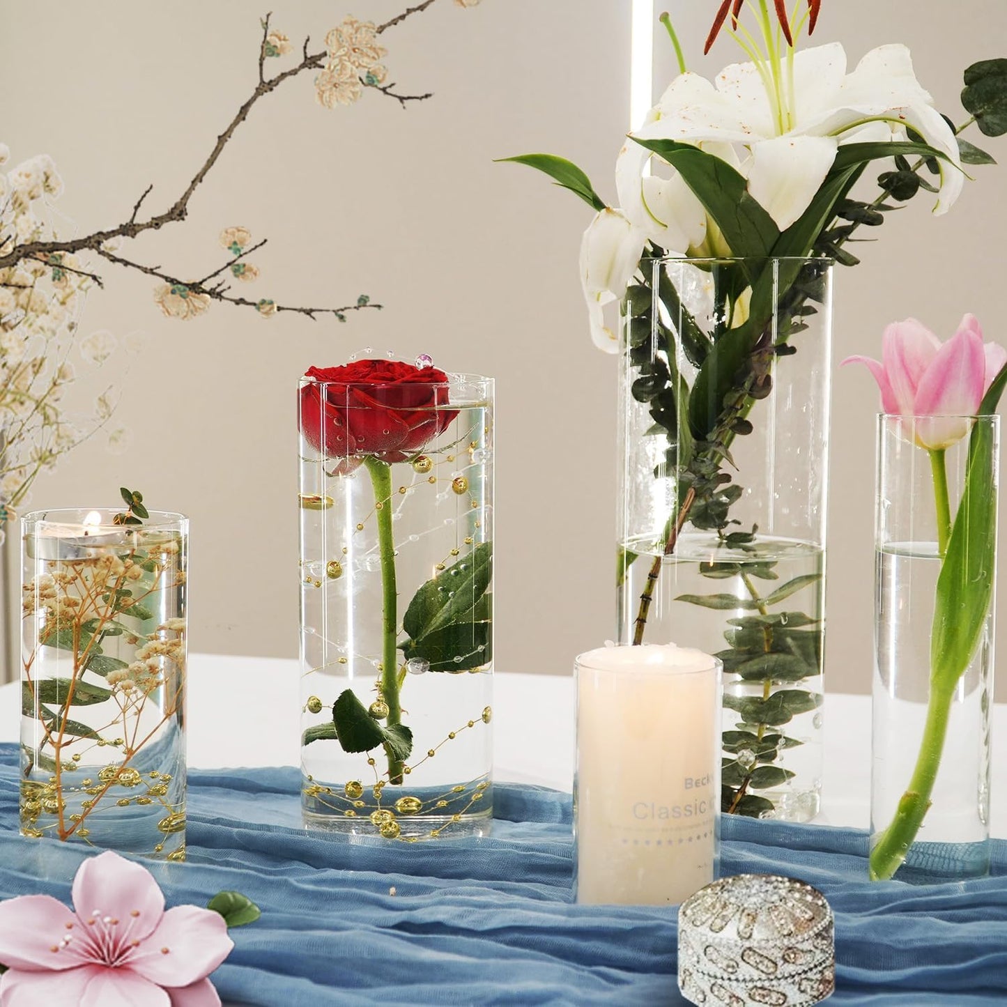 5pcs Glass Vase Cylinder Vases for Centerpieces Small Flower Glass Vases Home Decor Centerpiece Table Clear Flower Vase Decorations for Wedding＆Holiday 4,6,7.5,8,10 Inch Tall