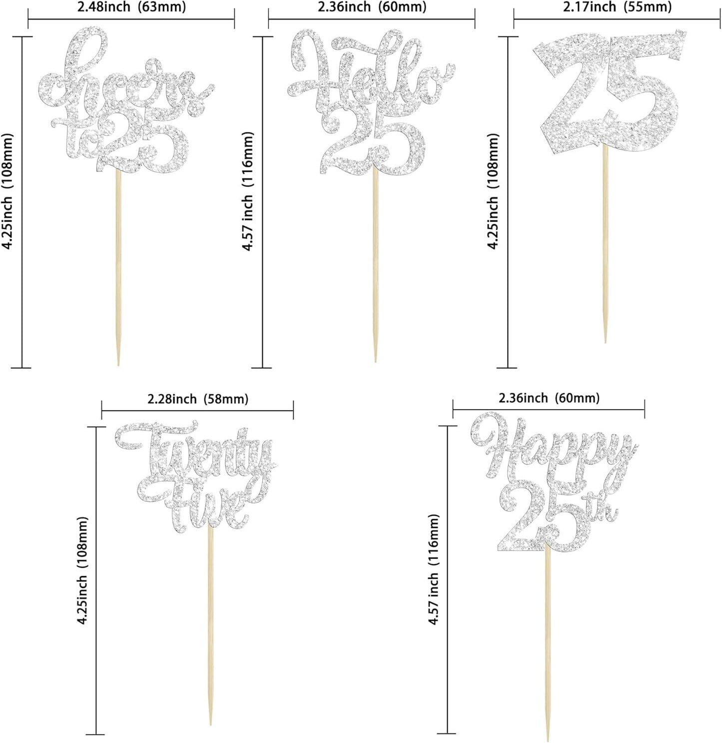 30pcs 25th Birthday Cupcake Toppers - Silver Glitter Cheers to 25 Years Old Cake Decorations for 25th Birthday Anniversary Party Supplies