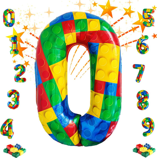 32 Inch Stackable Block Number Balloon – Colorful Brick Building Themed Big Helium Digits for Kids Birthday Party Decorations (Building Block, Number 0)