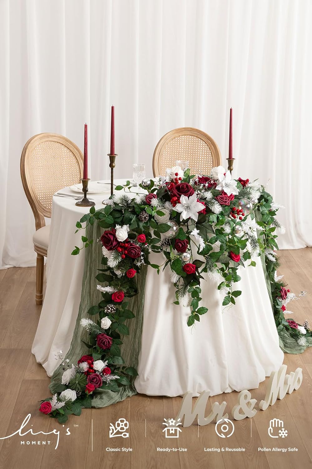 Ling's moment 9FT Eucalyptus and Willow Leaf Garland with White Flower, Handcrafted Wedding Sweetheart Table Centerpieces Head Table Decor Arch Backdrop Decorations for Wedding | Red & White