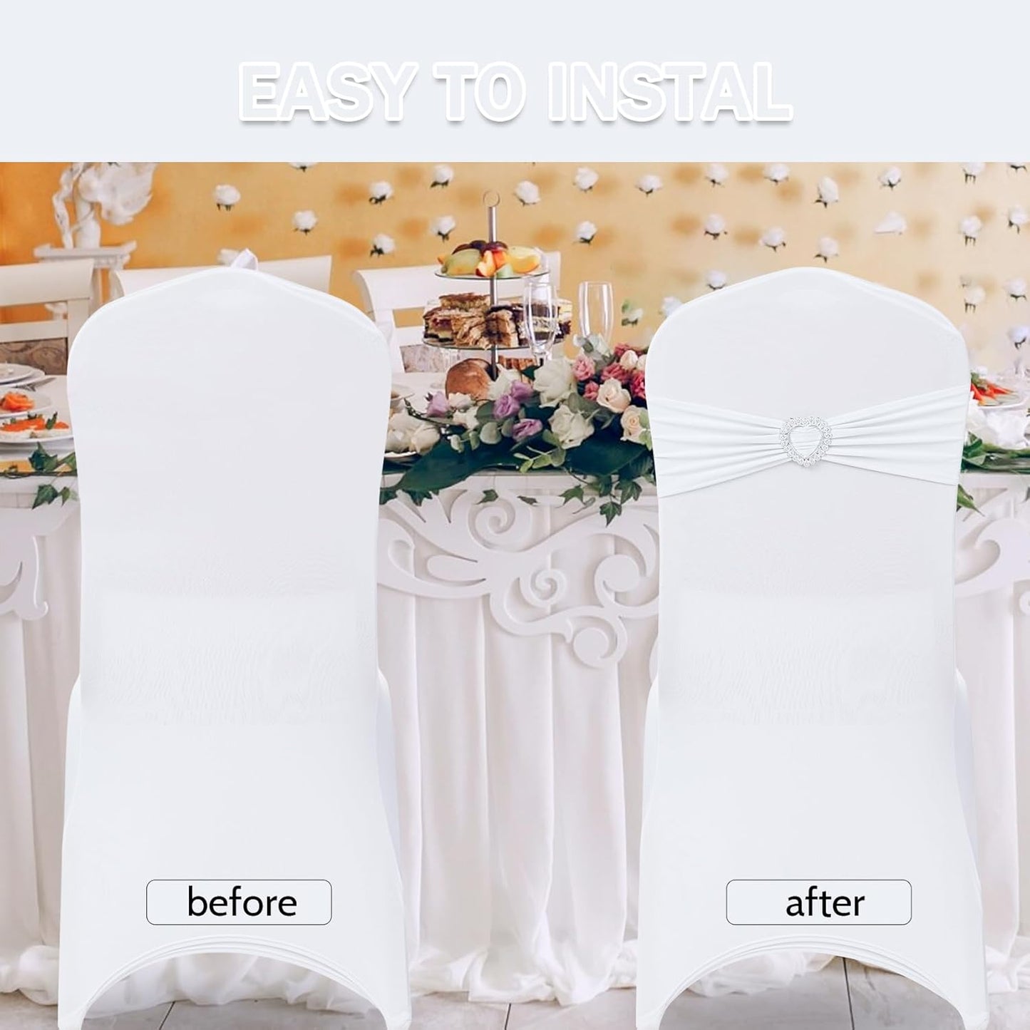 Howhic Pack of 60 Spandex Chair Sashes Bows Stretch Chair Cover Band with Buckle Slider Universal Elastic Chair Ties for Wedding Banquet Party Event Decoration (White)