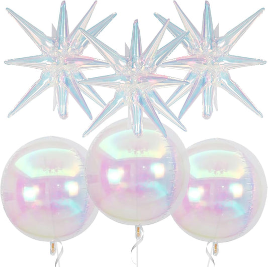 6Pcs Iridescent Foil Balloons,22Inch Clear 4D Round Ball Balloon and Explosion Star Balloon for Birthday Wedding Baby Shower Prom Party Anniversary Decorations