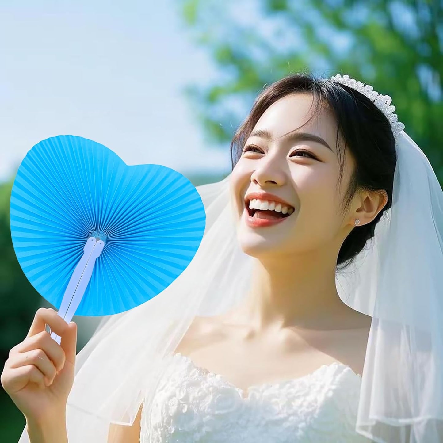 12 Packs Decorative Paper Folding Hand Fans Handheld,Blue Heart Foldable Wedding Fans Chinese and Japanese Fans Bulk for Bridal Guest Church Party Favors Dancing Birthday DIY