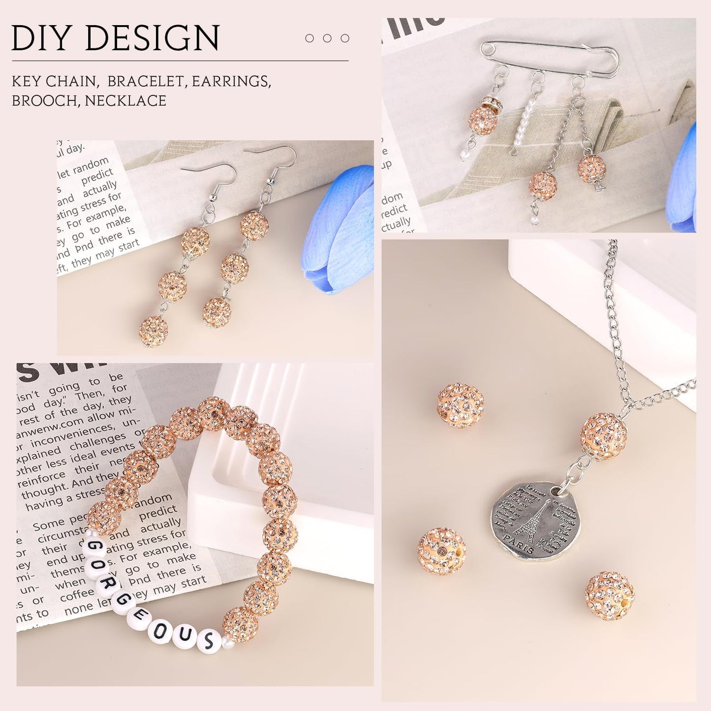 200pcs 10mm Light Peach Rhinestone Beads for Jewelry Making, Shiny Round Shamballa Disco Ball Beads, Sparkle Crystal Clay Christmas for Bracelet Baseball Necklace Earring Crafting and DIY