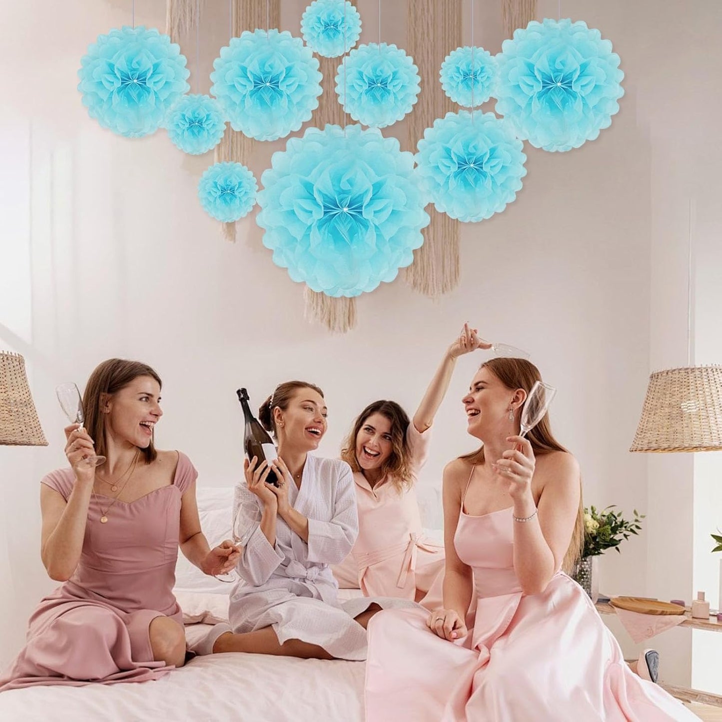Tissue Paper Pom Poms, Light Blue Tissue Paper Flowers, Hanging Flower Balls for Weddings Fiesta Parties Birthday Baby Showers Classroom Bridal Shower Decoration (20Piece Set-6/10/12/14Inch)