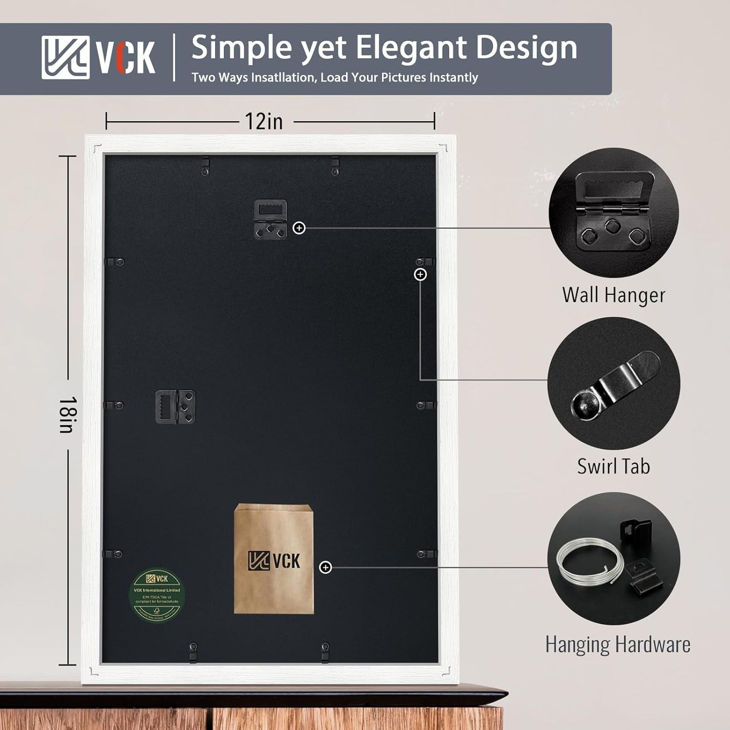 VCK 12x18 Frame, Textured White Wood Poster Frame with HD Glass, Display Picture 11x17 with Mat or 12x18 without Mat, 2 Pack