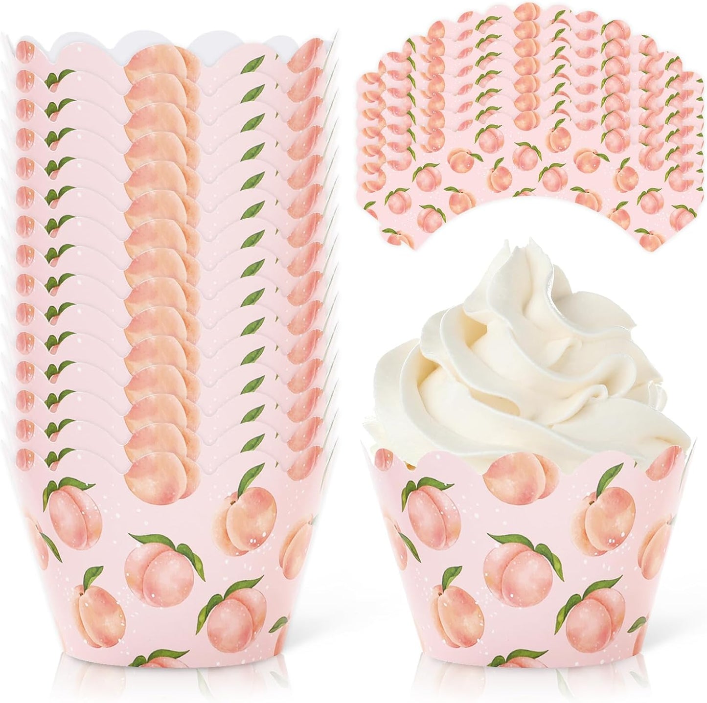Whaline 36Pcs Peach Cupcake Wrappers Watercolor Pink Peach Cupcake Liners Decorative Cupcake Holders for Summer Baby Shower Party Cake Decoration