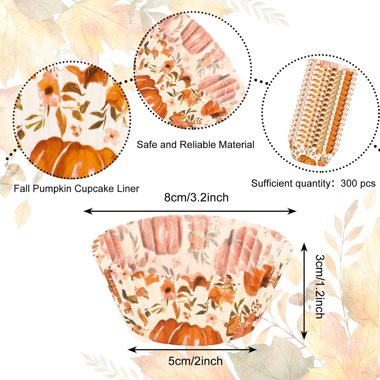 Whaline 300Pcs Fall Cupcake Liners Watercolor Pumpkin Flower Paper Baking Cups Autumn Floral Muffin Liner Cake Paper Cups Storage Container for Thanksgiving Party DIY Craft, 2x1.2 Inch