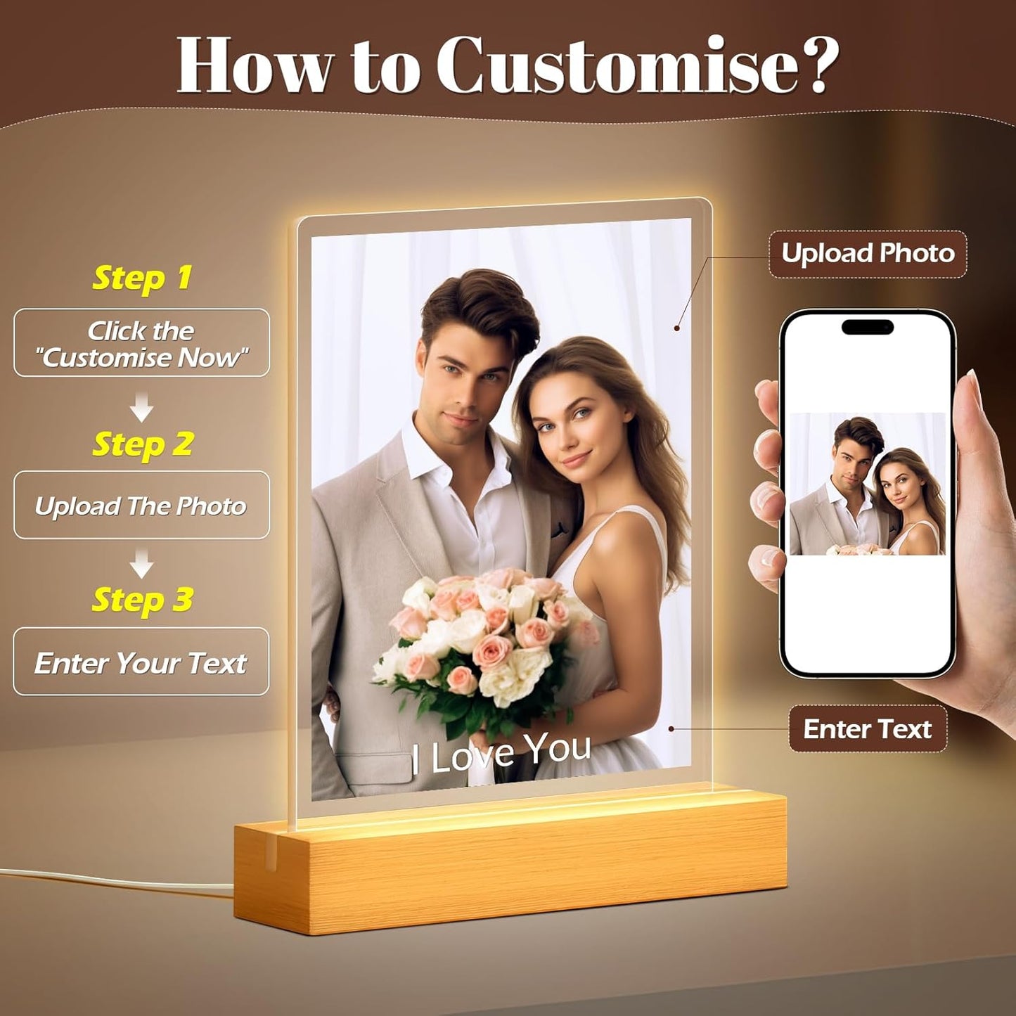 Custom Picture Frames with Photo, Personalized Photo Frame with Night Light, Customized Picture Frames, Personalized Anniversary Photo Gifts for Women, Men, Him, Her, Couple, Boyfriend, Girlfriend