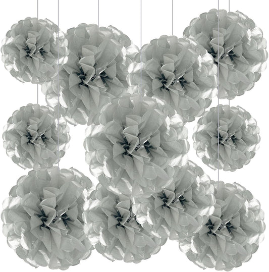Tissue Paper Pom Poms, Silver Tissue Paper Flowers, Hanging Flower Balls for Weddings Fiesta Parties Birthday Baby Showers Classroom Bridal Shower Decoration (20Piece Set-6/10/12/14Inch)